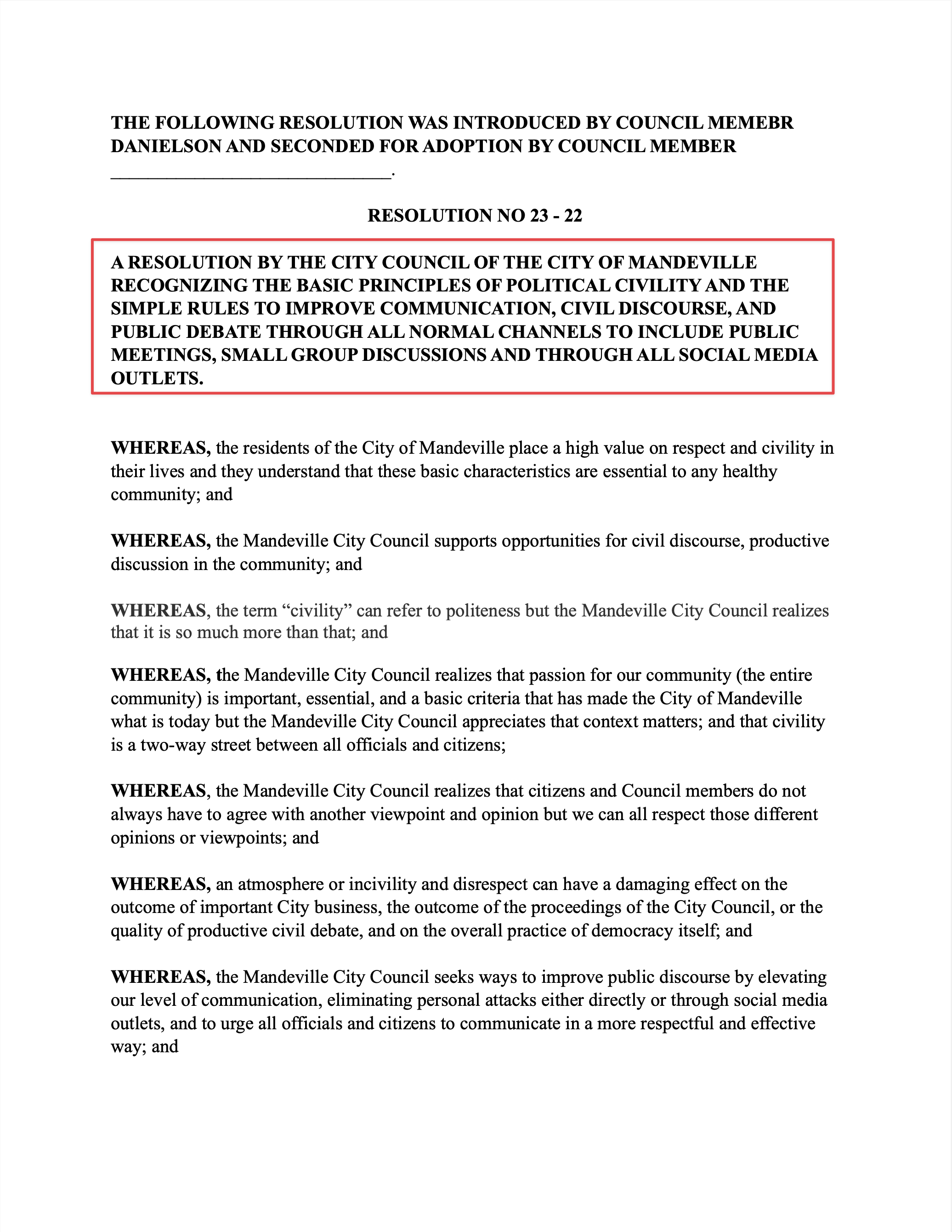 Proposed Resolution 23-22, page 1 (Mandeville Daily/William Kropog)