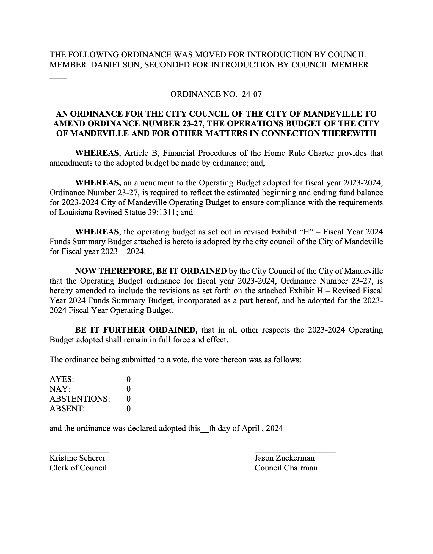 Proposed Ordinance 24-07, proposed by Councilman at Large Rick Danielson. (The City of Mandeville)